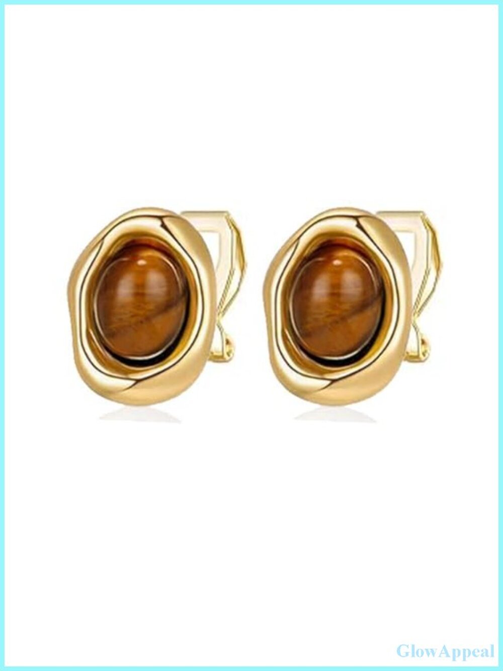 Gold Plated Clip-On Earrings for Women, Tiger Eye Stone Vintage Style Jewelry
